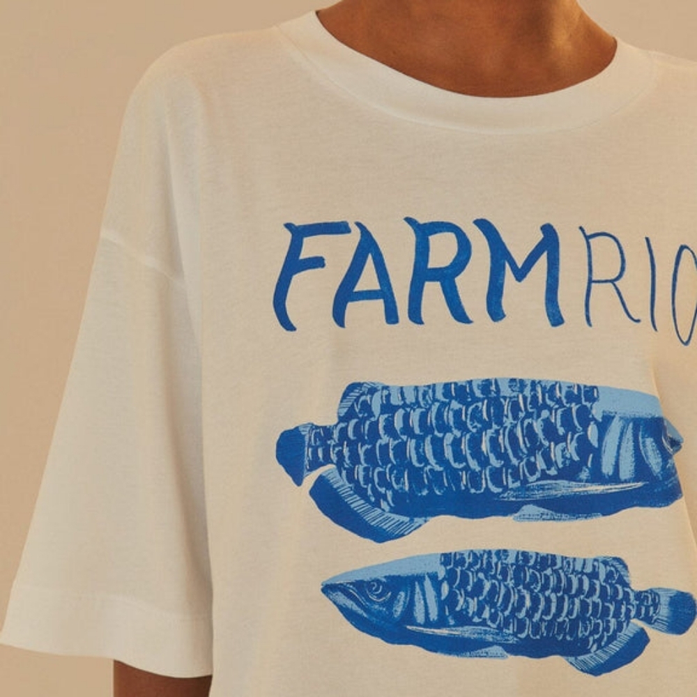 Farm Rio White And Blue Cotton Fish Brazil Oversized Tee L - Picture 3 of 8